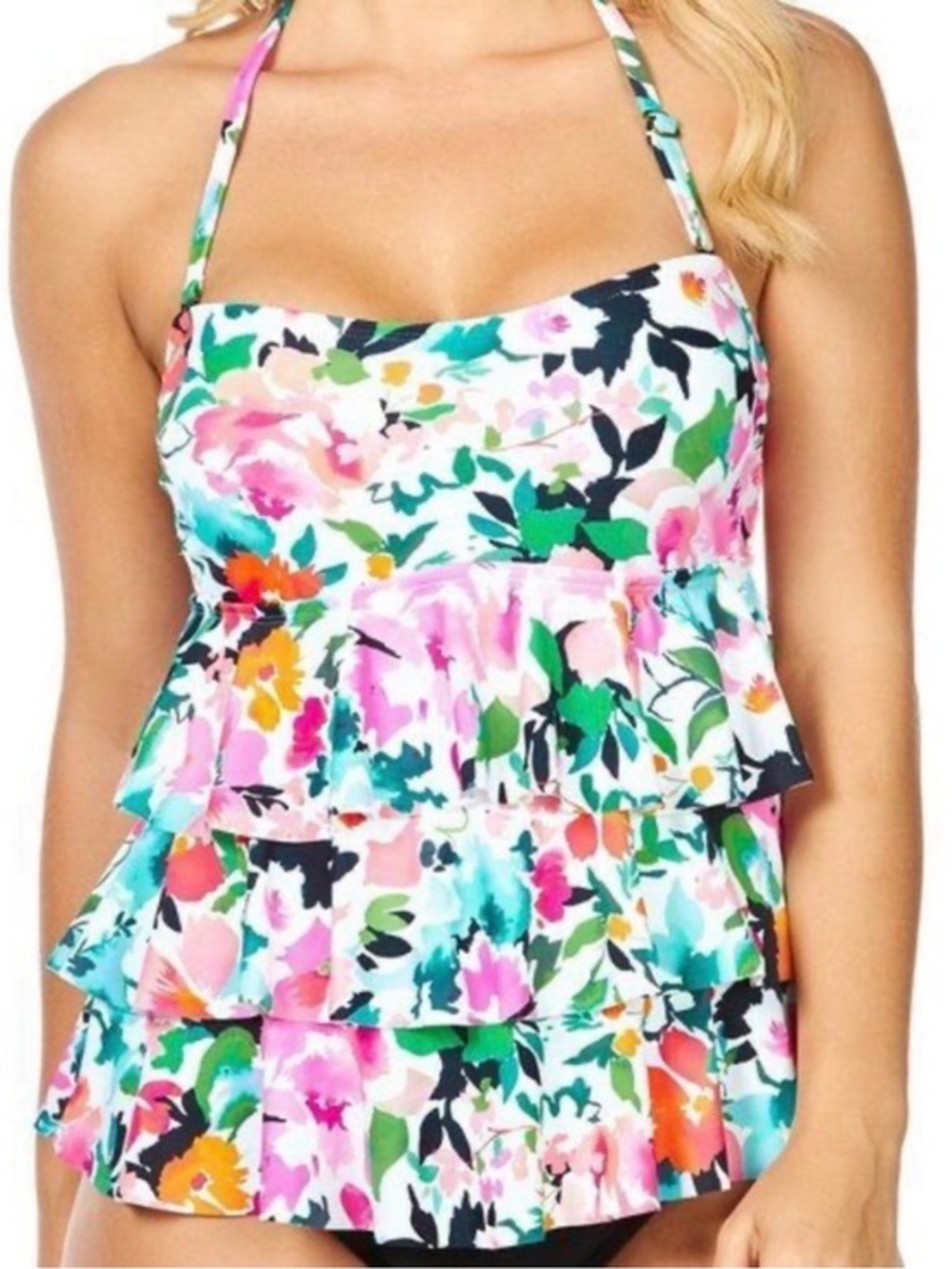 Island Escape Honey Bloom Floral Tiered Ruffle Tankini Swim Bathing Suit Top 12
